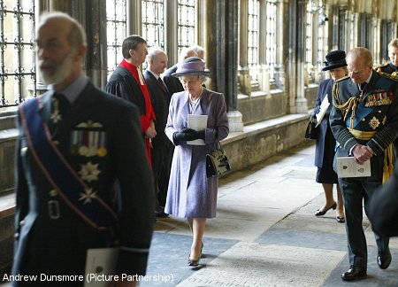 Following the Dedication, His Royal Highness Prince Michael of Kent leads Her Majesty The Queen, His Royal Highness The Prince Philip, Duke of Edinburgh to the Quire and Sacrarium.