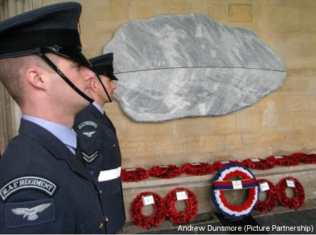 The High Commissioners and Ambassadors laid wreaths beneath the tribute prior to the arrival of Her Majesty The Queen. The memorial was flanked by a Guard of Honour by men of the Queen's Colour Squadron.