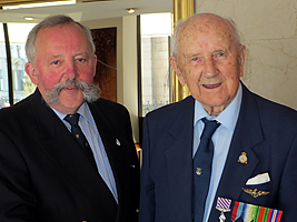 John Cairns, Chairman with veteran Flt Lt Jim Glazebrook DFC, taken in Liverpool on  25th May 2013. 'Jim Glazebrook DFC  is 93 and served on 206 Squadron as a Liberator/Fortress  pilot during WWII.