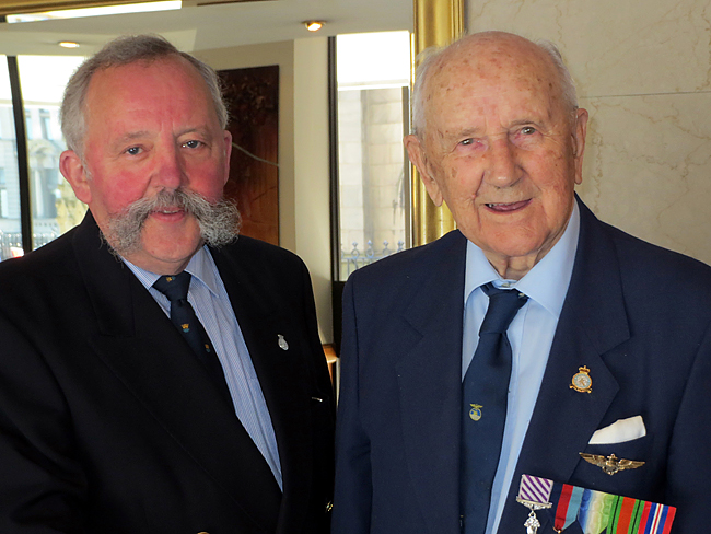 John Cairns, Chairman with veteran Flt Lt Jim Glazebrook DFC, taken in Liverpool on  25th May 2013. 