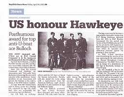 The late Squadron Leader Terrence Bulloch DSO and Bar, DFC and Bar, was nominated and has been successfully ‘inducted’ into the United States Navy Hall of Honour. 