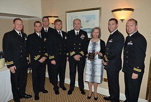 P8 Crew. All US Navy, Left to right :  Lt Cdr Joe Snyder, Lt Cdr Ron Rumfelt, Lt Kyle Sanders, Lt Cdr Andy Weymouth, Cdr Dave Lesser, Mrs Linda Bulloch, Lt John Bartis, Lt Jeff Eller.