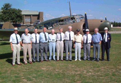 N4877 From left to right: Jack Warwick, Arnold Gentry, Bill Corless, Sir John Curtiss, Gron Edwards (who amassed 850 hours on Ansons in 1937 - 40), Jack Hoskins, Ray Tagli, Don Forryan, Eric Smith, Fred Jenkinson and Peter Rackliff.