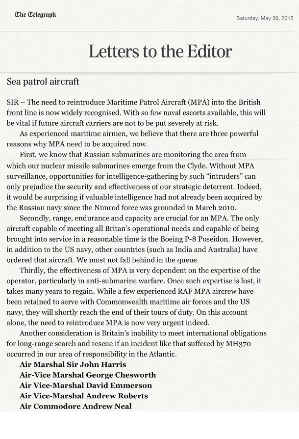 Daily Telegraph Letter, 30th May, 2015, Maritime Patrol Aircraft.